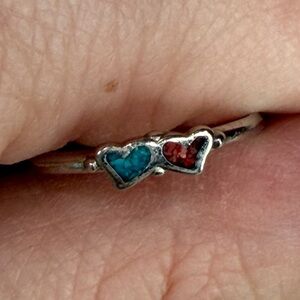 Vintage Sterling Ring Turquoise And Coral Inlay Hearts 6.5 Dainty Jewelry